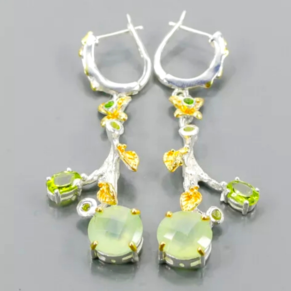 Prehnite & Peridot Floral Drop sterling earrings - Picture 1 of 3